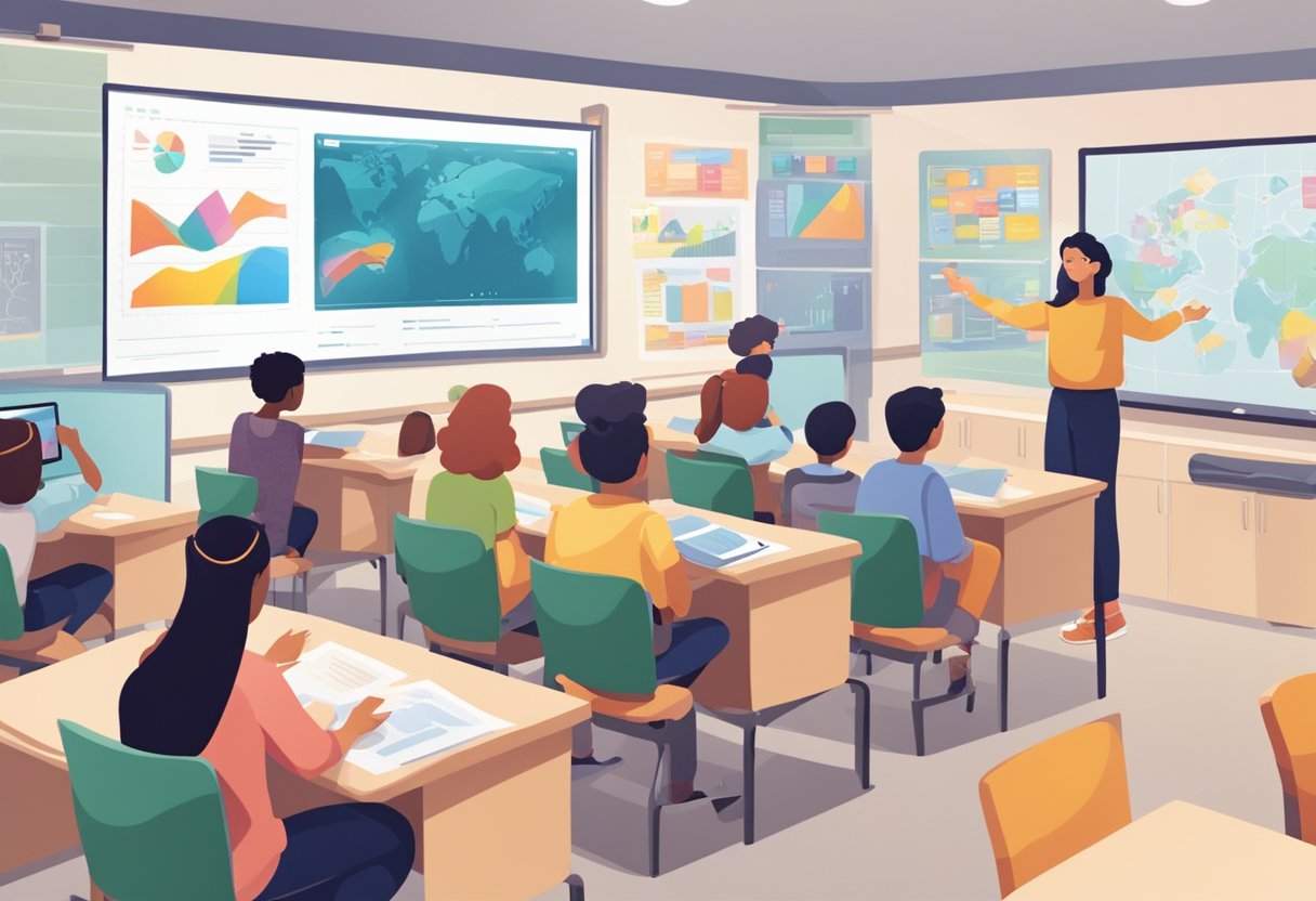 A classroom with students using interactive screens to engage with educational animations