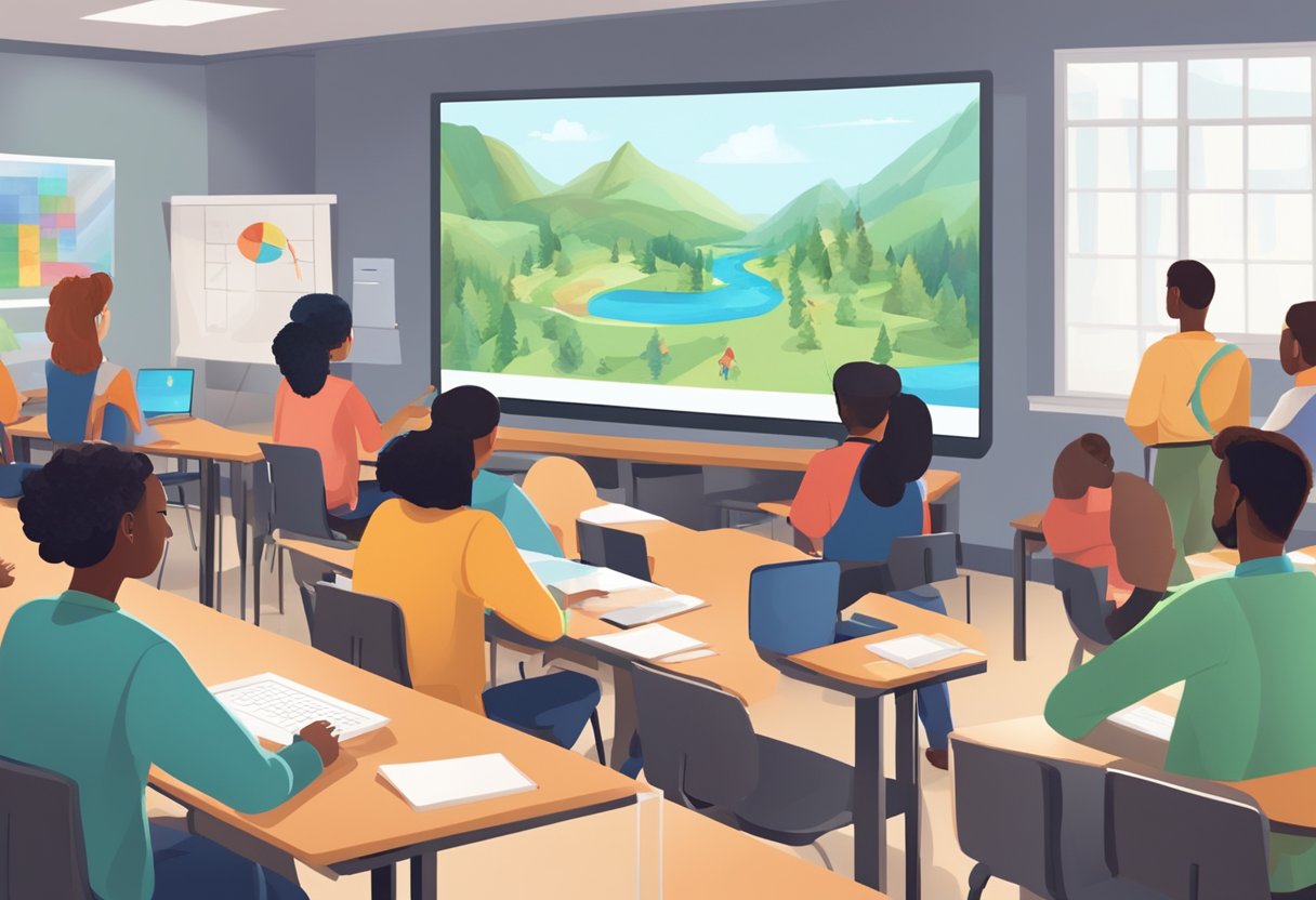 A group of diverse students engage with interactive educational animations on a large screen in a classroom setting