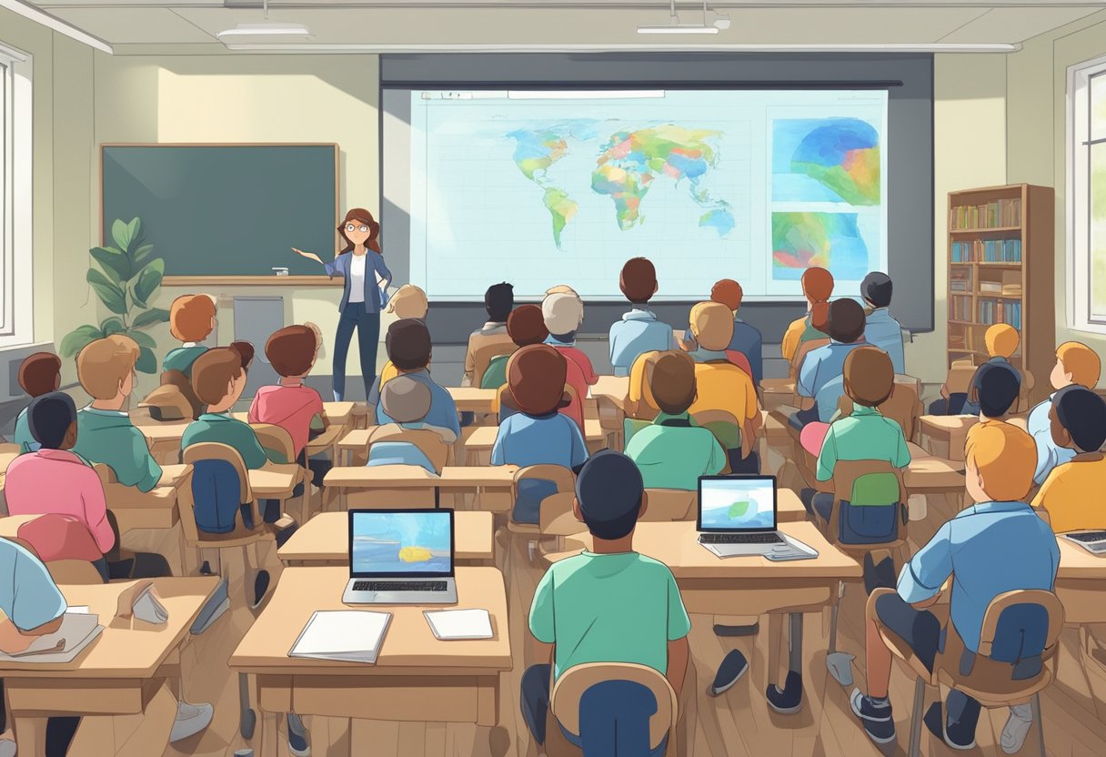 A classroom filled with students watching a projector screen as an animated character demonstrates the technical aspects of animation