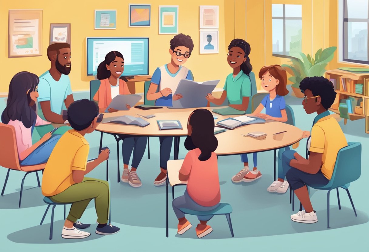 A diverse group of animated characters engage in interactive learning activities in a modern educational setting