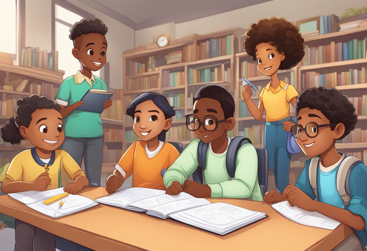A diverse group of animated characters engaging in various educational activities, such as learning math, science, and history
