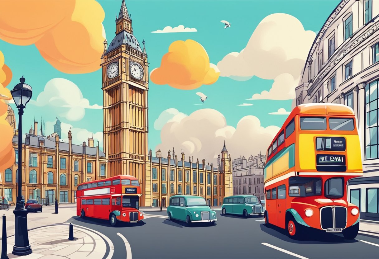 A colorful animated video with educational elements and London landmarks