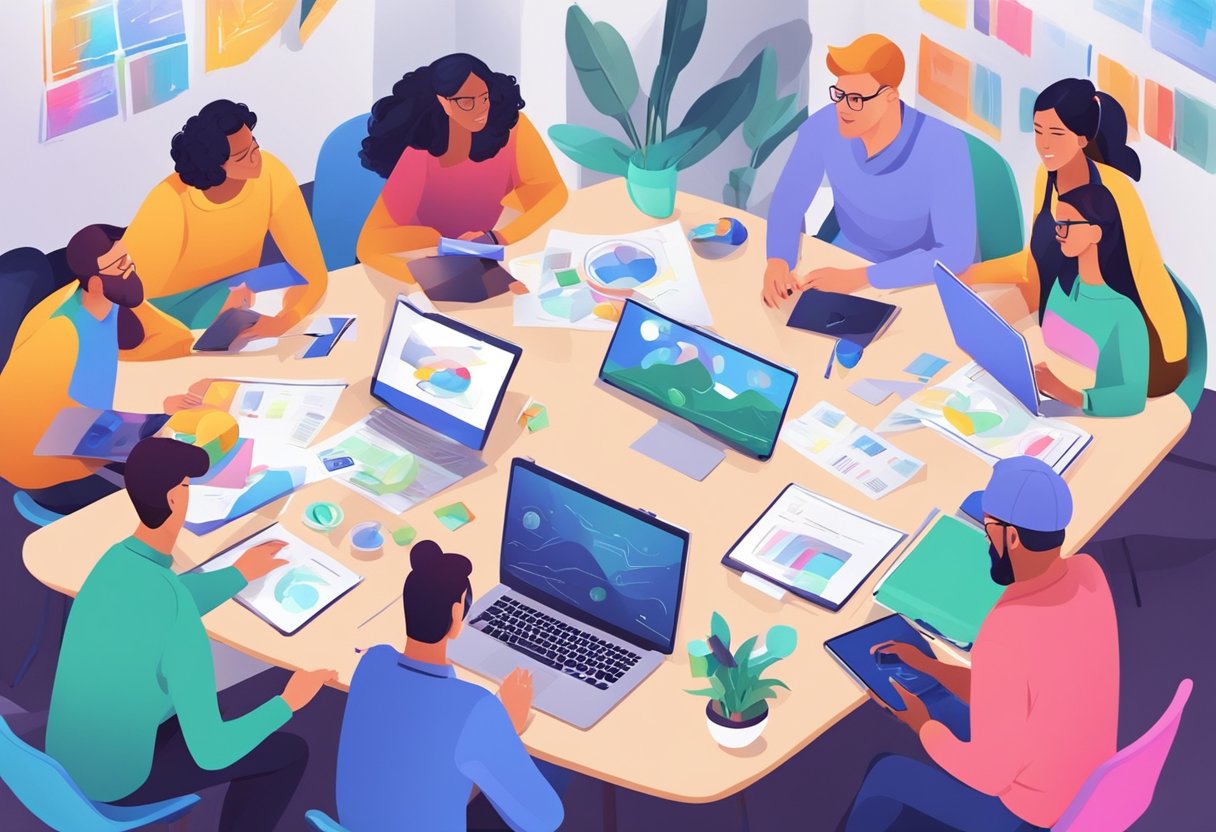 A group of educational designers brainstorming and collaborating on an animated project, surrounded by colorful sketches and digital tablets