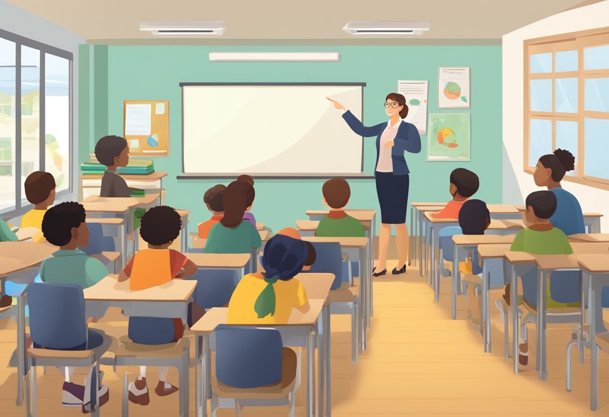 A classroom setting with an animated teacher and students engaged in English subject activities