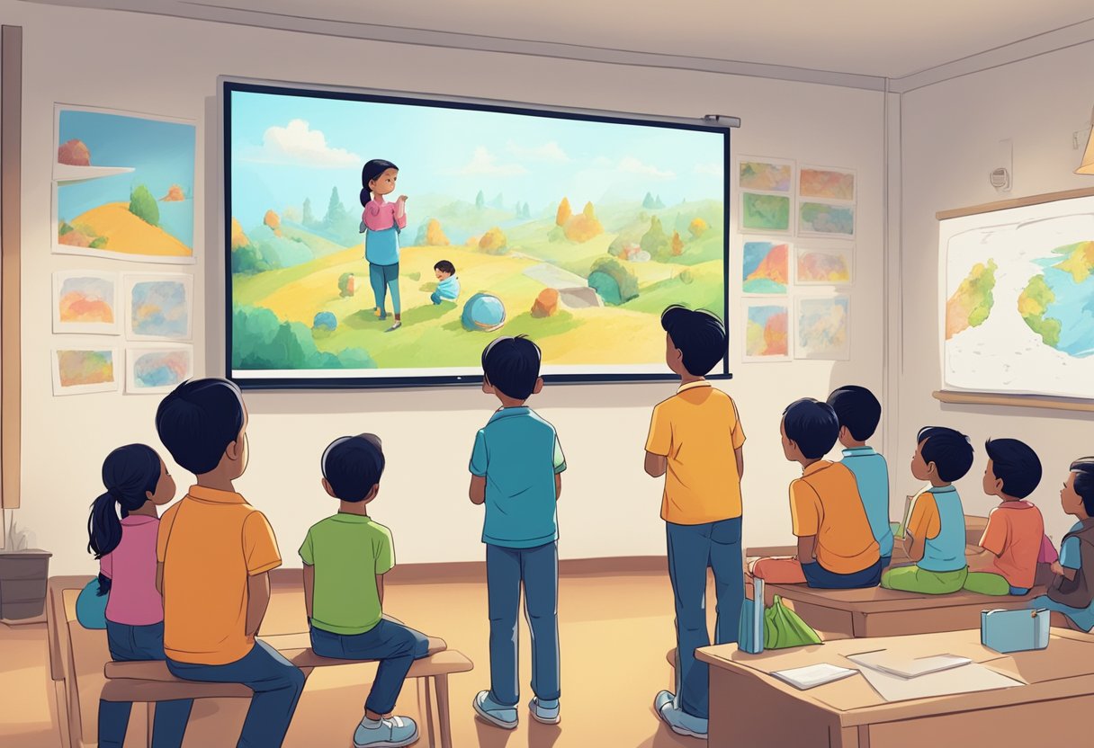 A group of children attentively watching an educational animation on a large screen while a consultant observes and takes notes