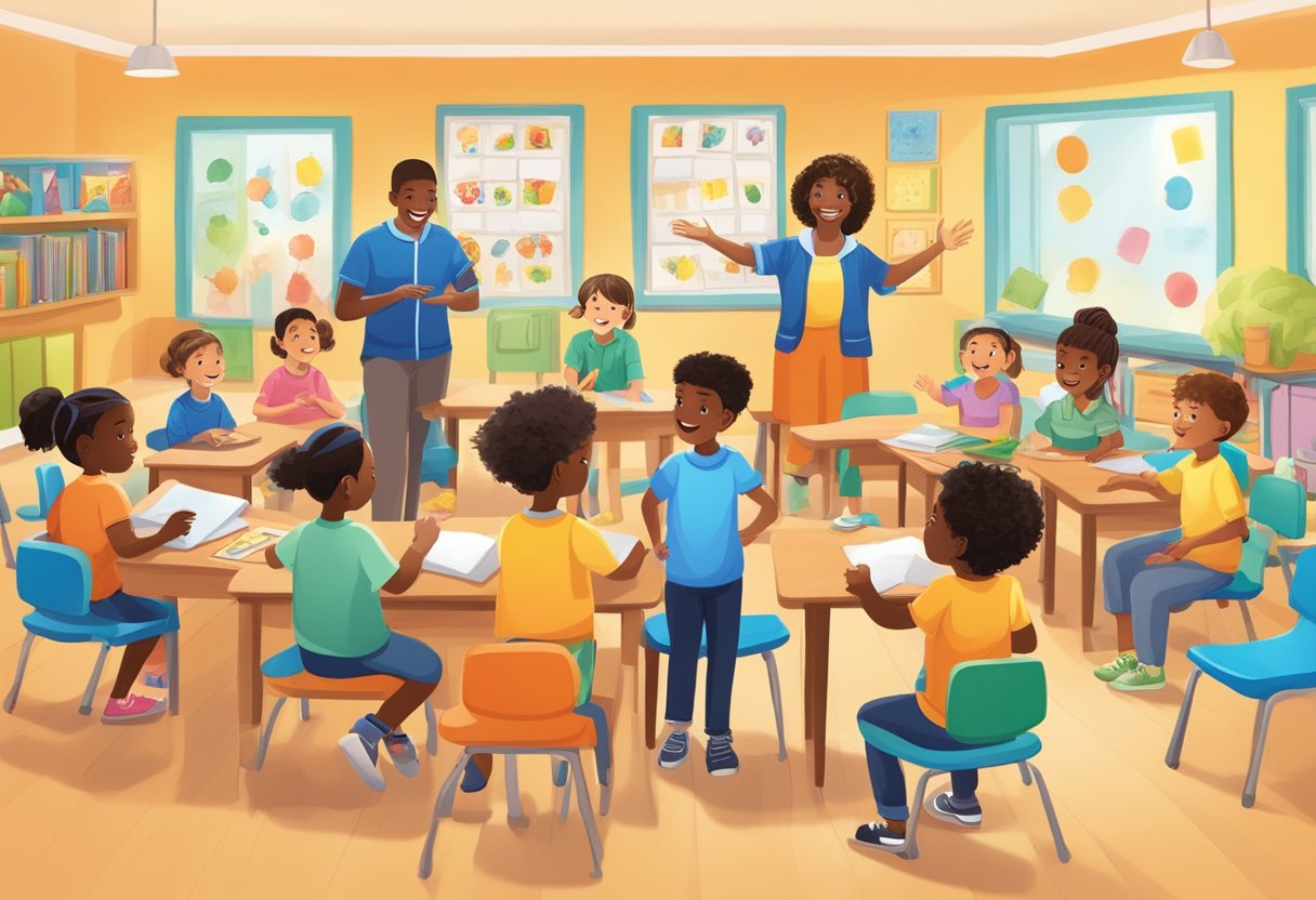 A diverse group of children of different abilities and backgrounds engage in a fun and inclusive learning activity in a colorful and welcoming classroom setting