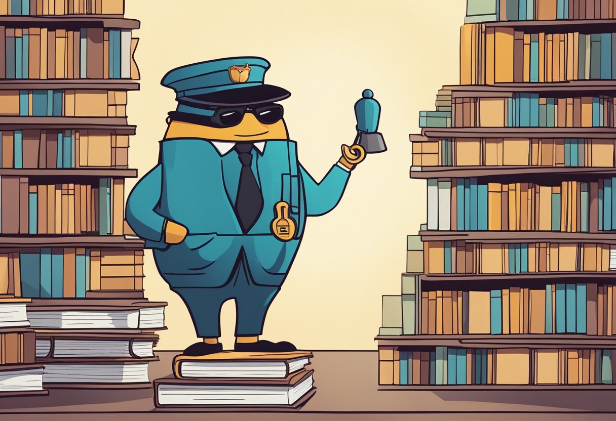 A personified lock and key stand guard over a stack of animated books, symbolizing protection of intellectual property in a UK educational animation consultancy