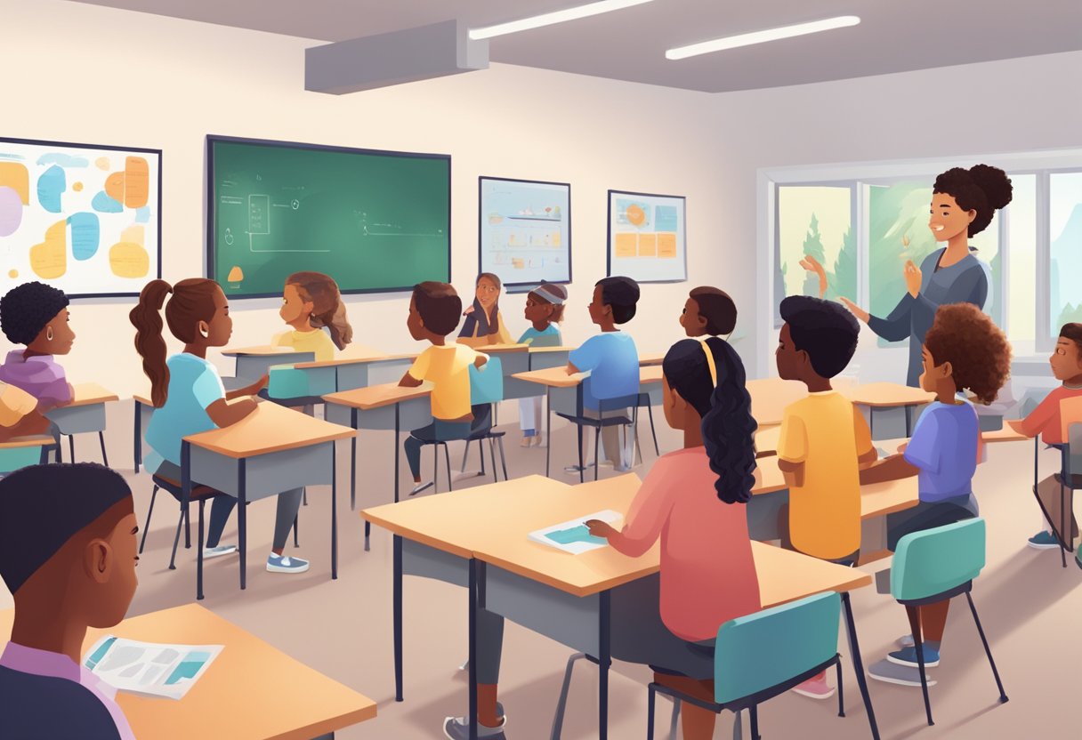 A group of diverse students engaging with interactive educational animations in a classroom setting