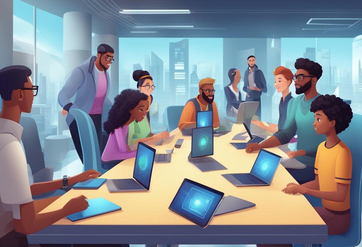 A diverse group of animated characters engage in interactive learning activities within a futuristic, technologically advanced educational environment