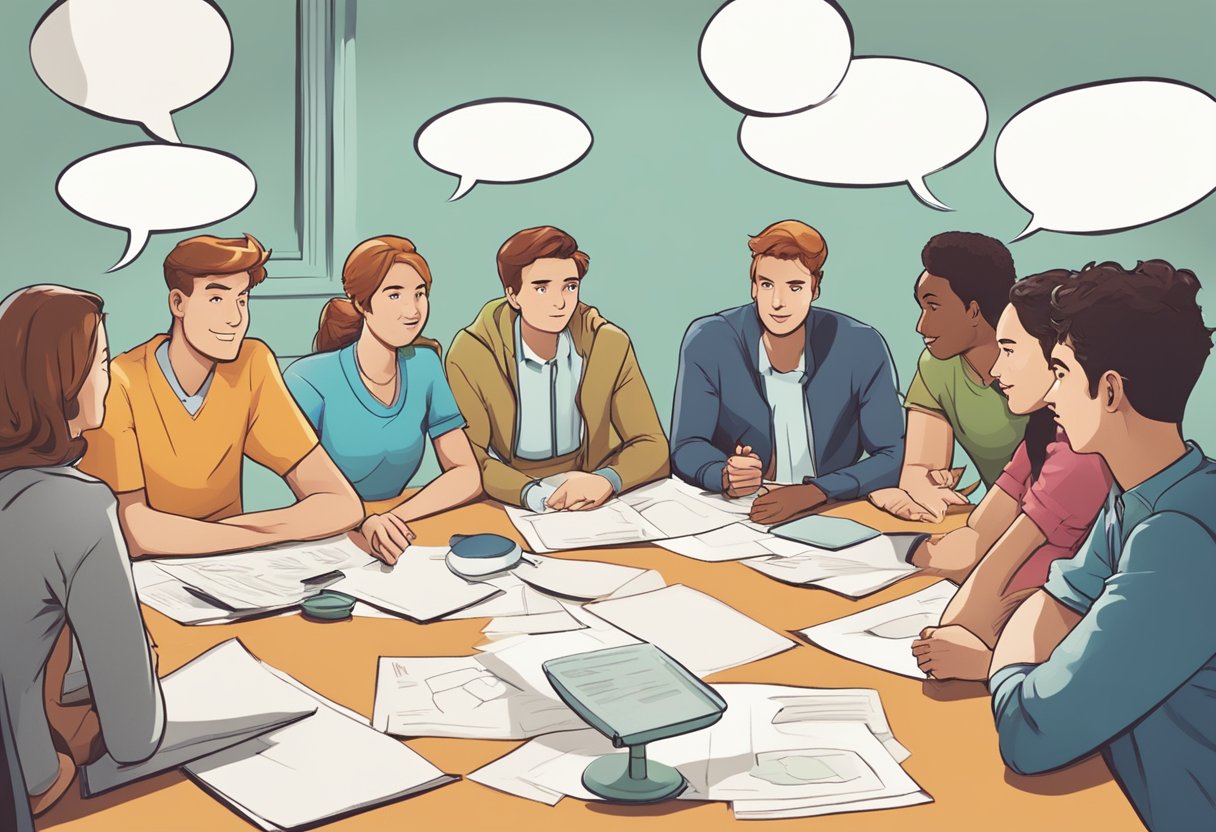 A group of animated characters gathered around a table, with speech bubbles and question marks floating above their heads