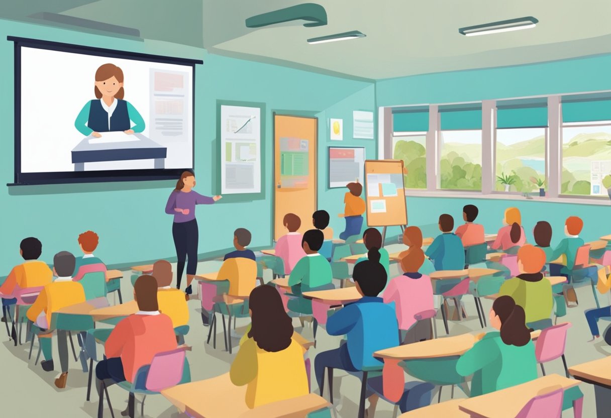 A classroom setting in Northern Ireland with animated visuals displayed on a screen, capturing the attention of engaged students