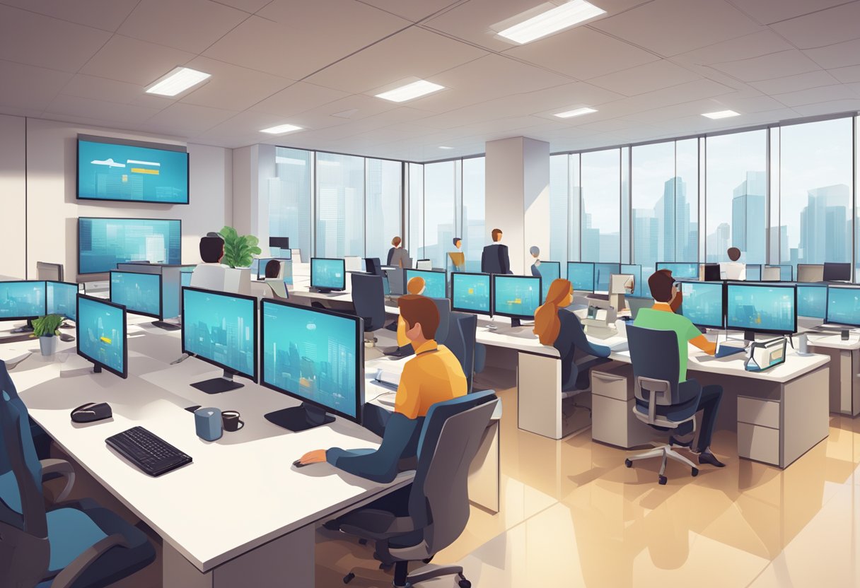 A bustling office with animated graphics on screens, employees collaborating, and a corporate logo prominently displayed