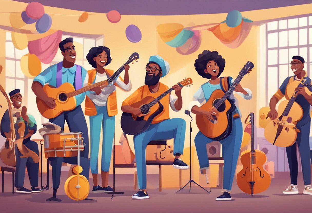A group of diverse cartoon characters engage in music and drama activities, surrounded by colorful musical instruments and stage props
