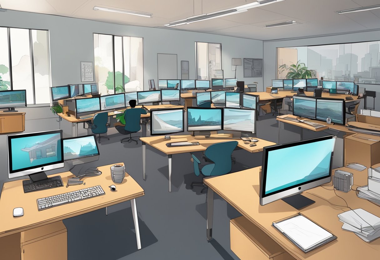 A bustling animation studio with computers, drawing tablets, and storyboards. Animators collaborate on corporate animation projects in Northern Ireland