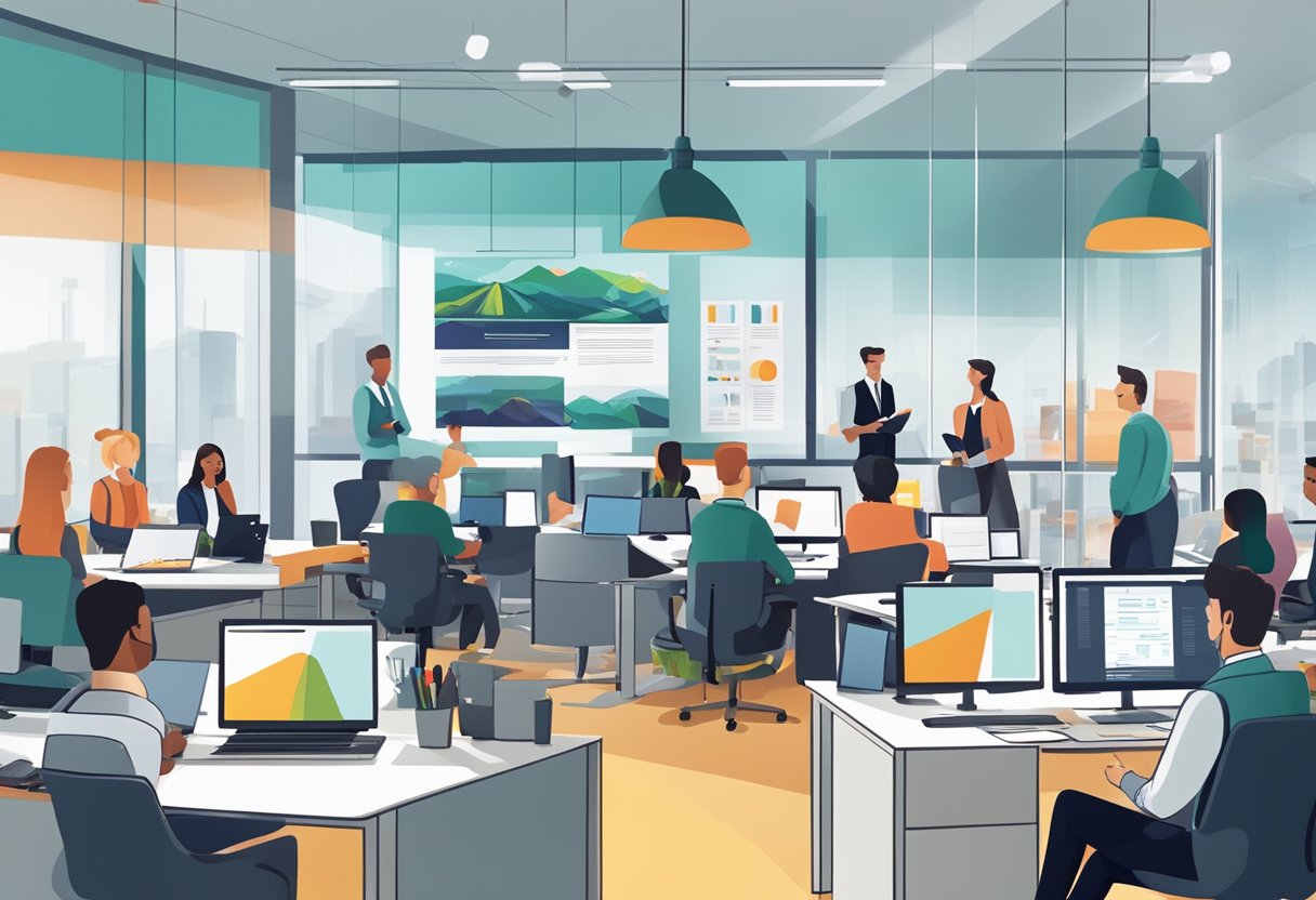 A bustling office setting with people working at desks, engaging in meetings, and collaborating on projects. A large screen displays a corporate animation promoting broadcasting and collaboration opportunities in Northern Ireland