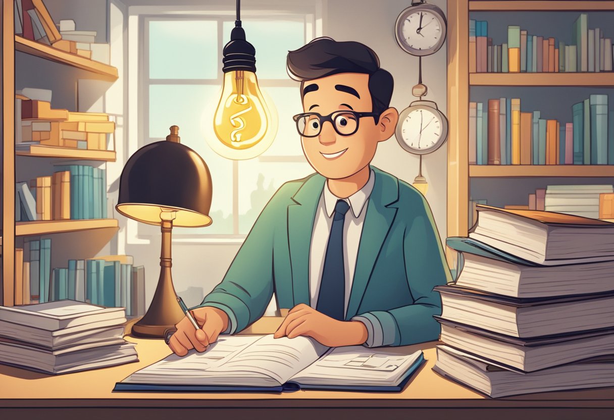 An animated character surrounded by question marks, with a lightbulb overhead, and a bookshelf filled with educational materials in the background