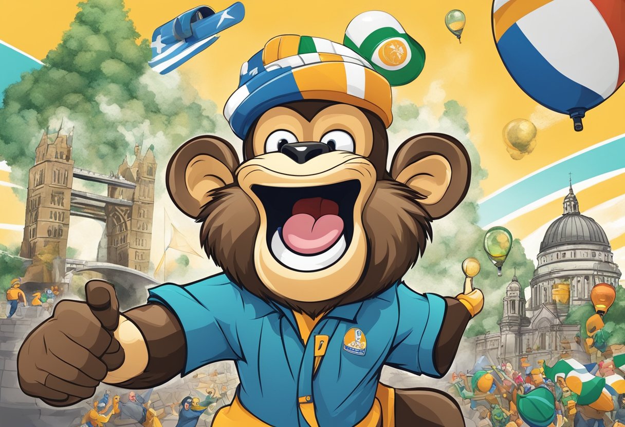 A cheerful monkey mascot holding a megaphone, surrounded by animated characters and Northern Ireland landmarks