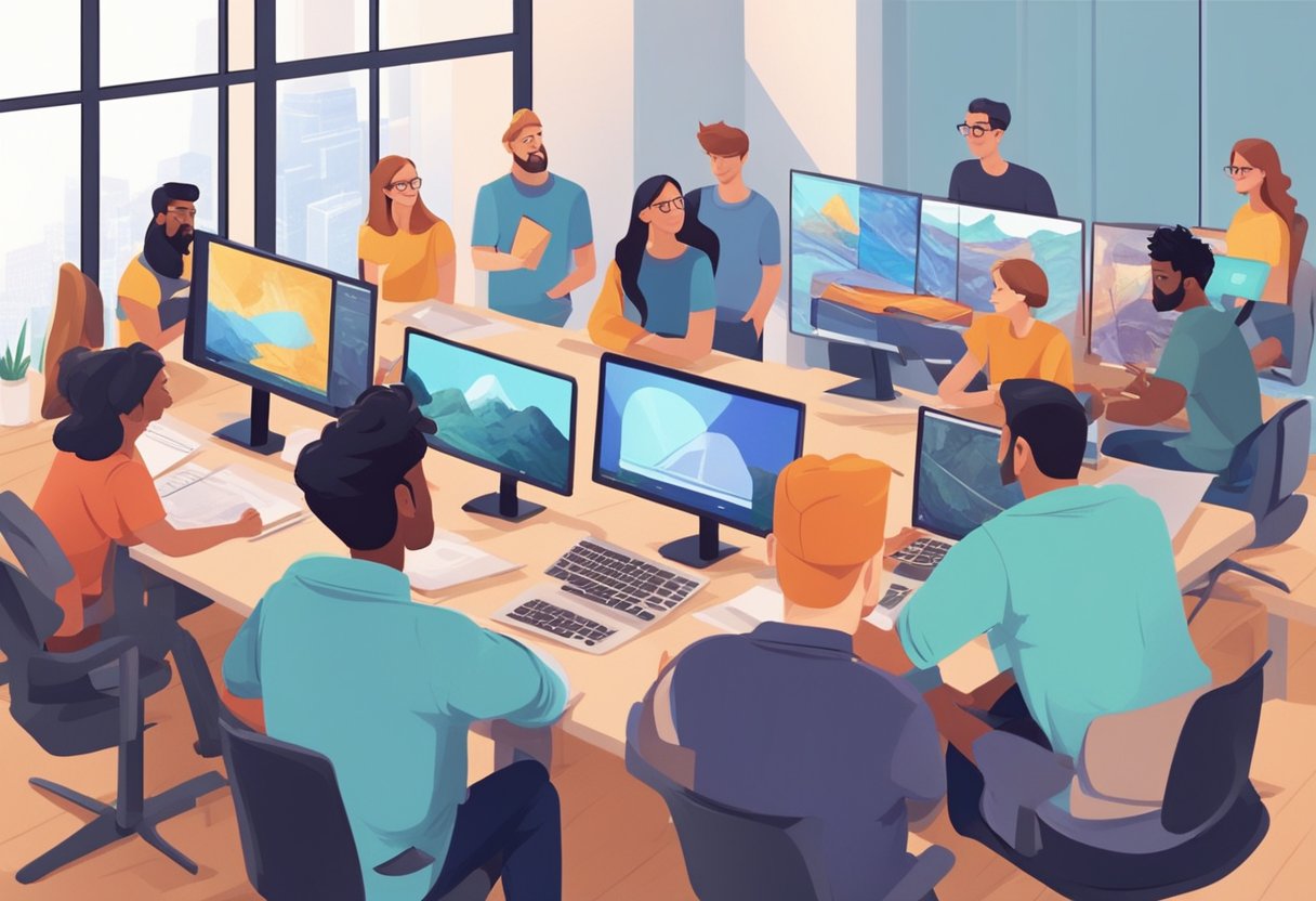 A group of animators collaborate in a modern office, surrounded by computer screens and drawing tablets. A mentor leads a workshop on character design