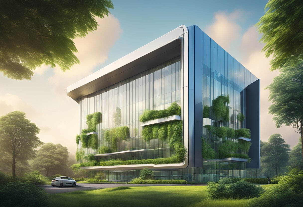A futuristic corporate office building in Northern Ireland, surrounded by lush greenery and cutting-edge technology