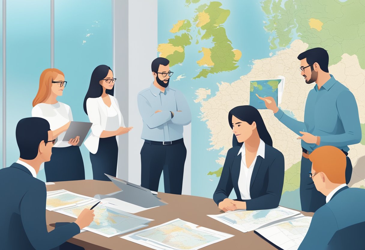 A group of people in a corporate setting, asking and answering questions, with a map of Northern Ireland in the background