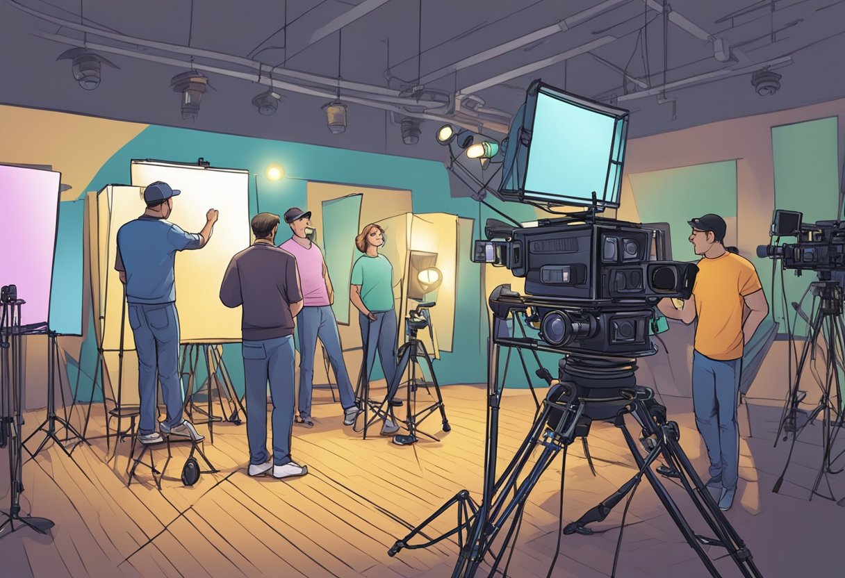 A film set with cameras, lights, and a director instructing crew members