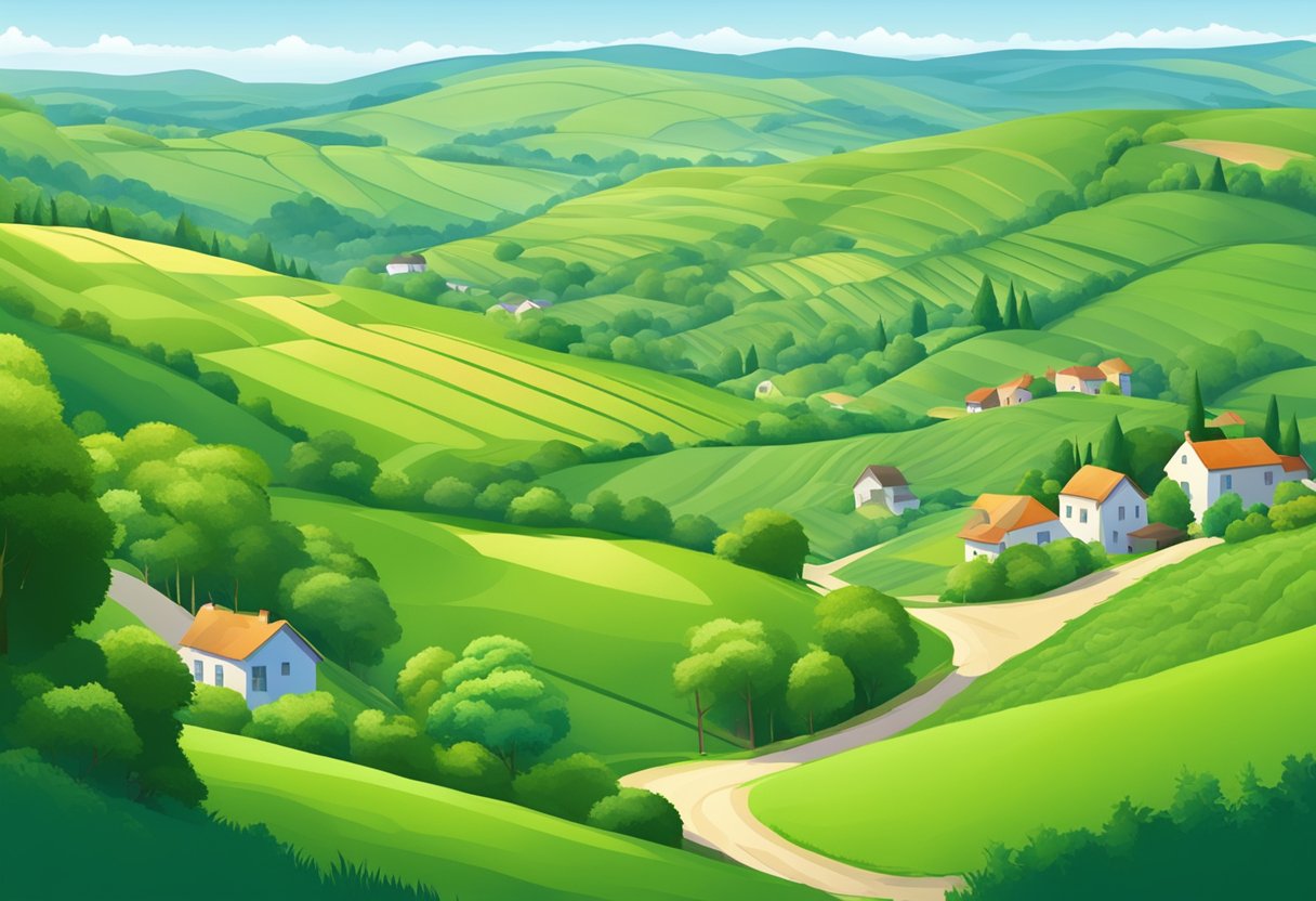 A lush green landscape with rolling hills, a quaint village, and a clear blue sky
