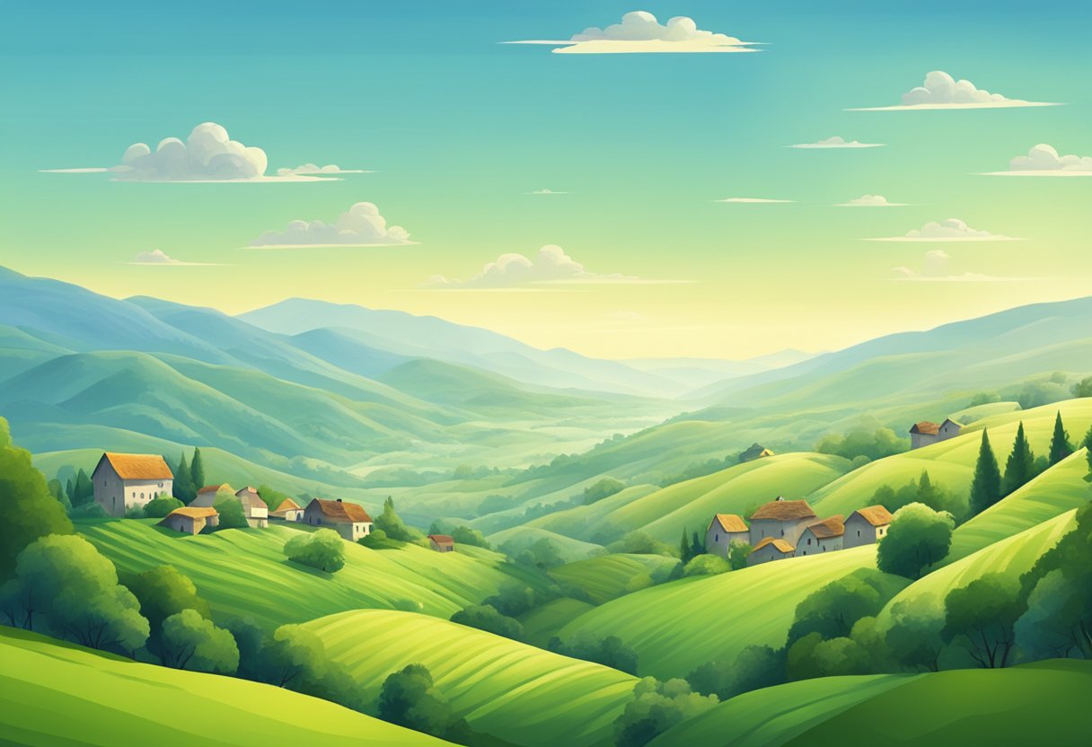 A lush green landscape with rolling hills and a quaint village nestled in the valley, surrounded by misty mountains and a clear blue sky above