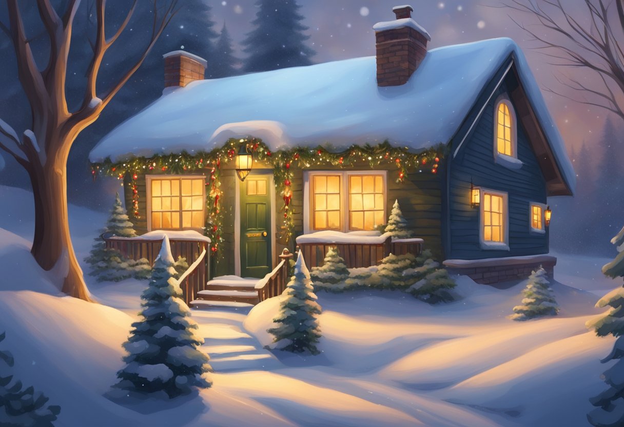 A cozy cottage nestled in a snowy landscape, with a festive wreath on the door and a warm glow emanating from the windows