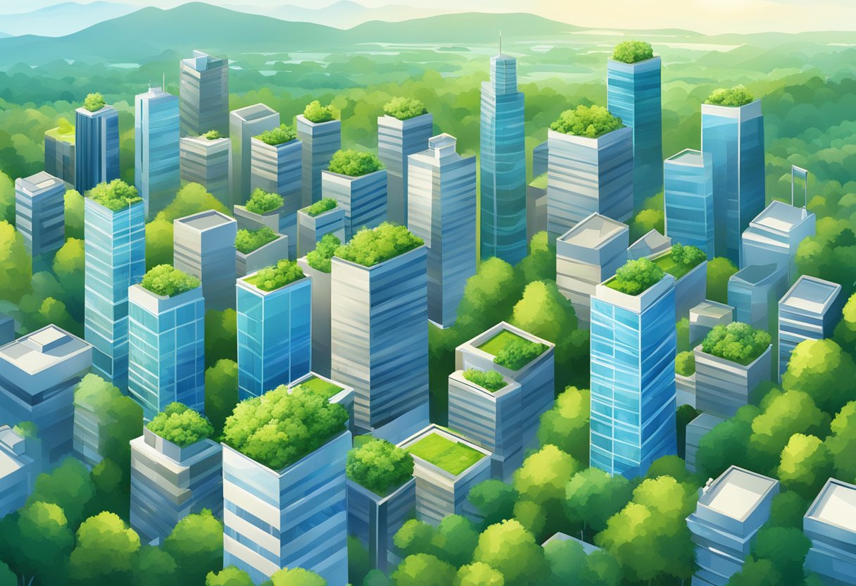 A vibrant cityscape with a cluster of modern office buildings surrounded by lush greenery and a clear blue sky