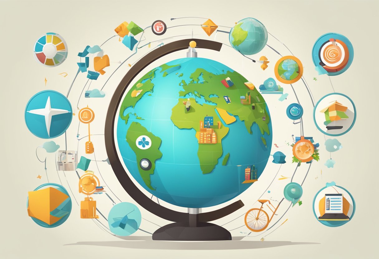 An animated globe surrounded by various interactive learning icons and symbols, representing different types of interactive learning animations in Ireland
