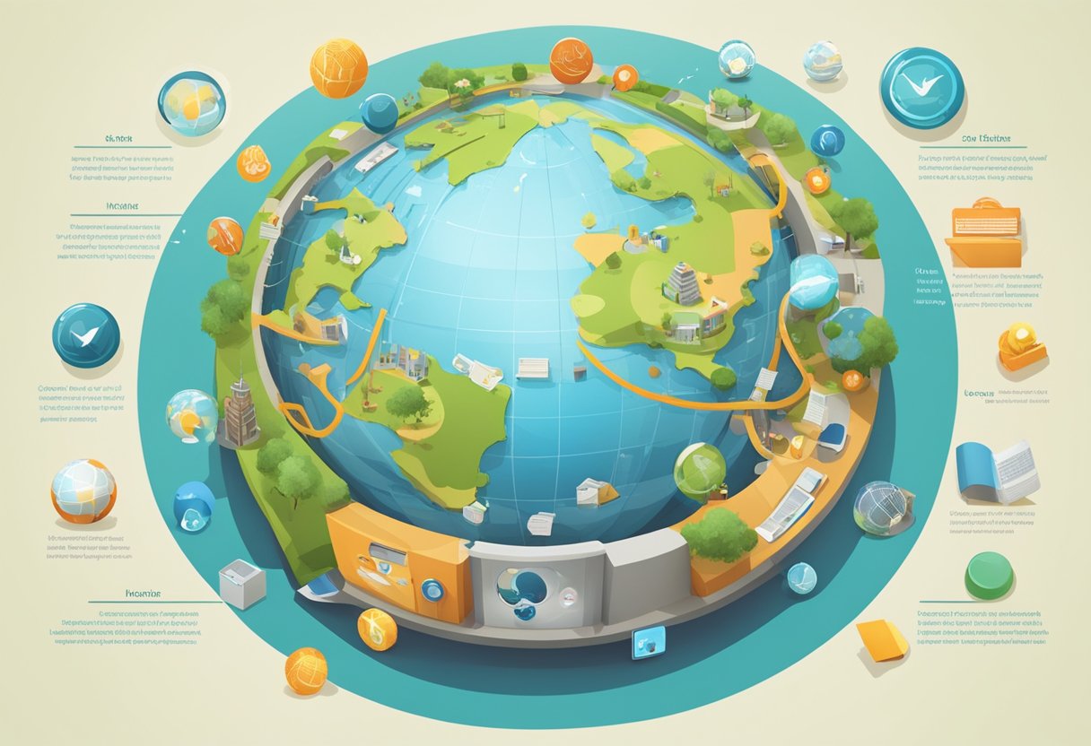 An animated globe surrounded by various interactive elements, such as buttons and icons, representing a lesson plan in an educational setting in Ireland