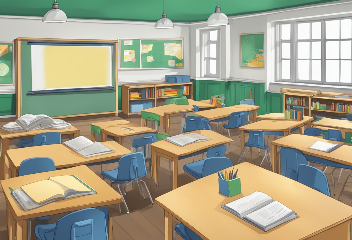 A classroom setting with animated educational tools and resources displayed on interactive screens, surrounded by supportive materials and resources for educators in Ireland