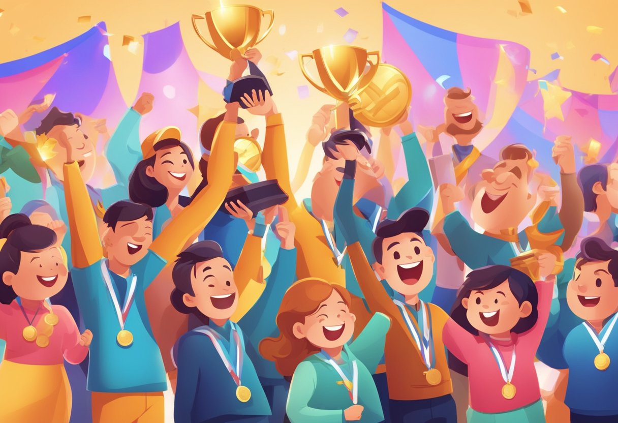 A group of animated characters celebrating with trophies and medals