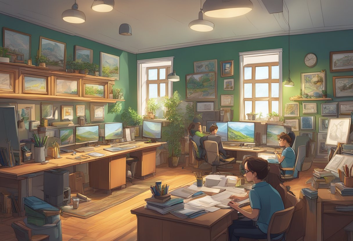 A bustling Irish animation studio filled with artists, storyboards, and colorful concept art for new projects