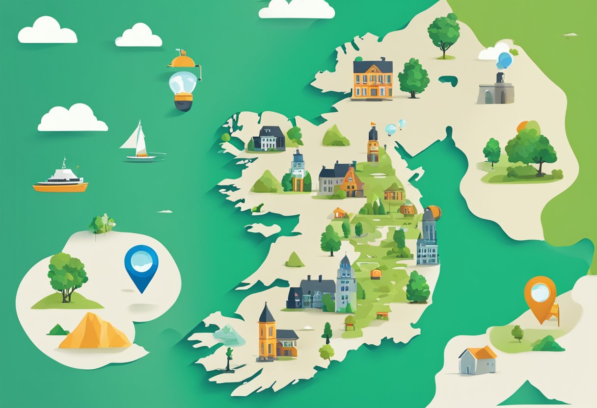 An animated map of Ireland with various icons representing case studies and success stories popping up in different locations