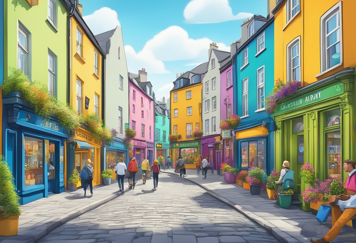 A vibrant cityscape with colorful buildings and animated characters interacting in the streets of Galway