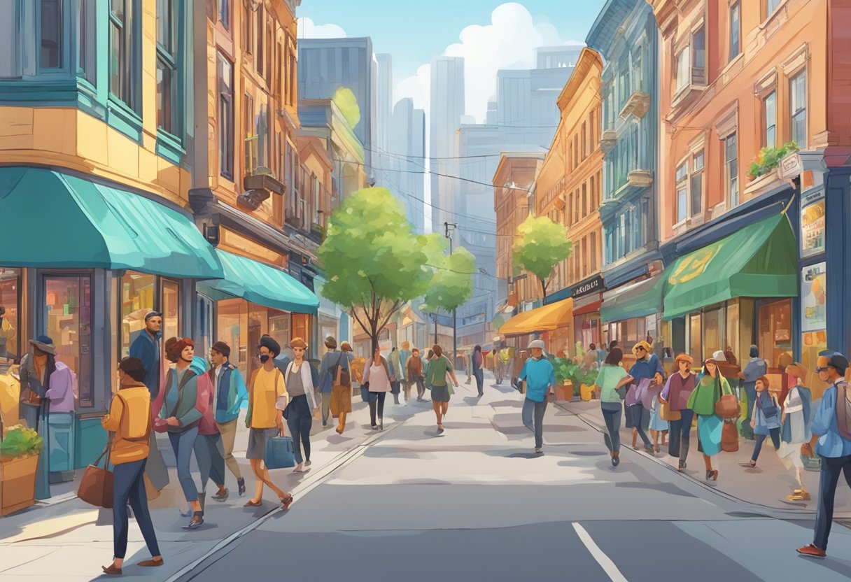 A bustling city street with colorful, lively storefronts and people walking by, showcasing a variety of animated scenes and characters