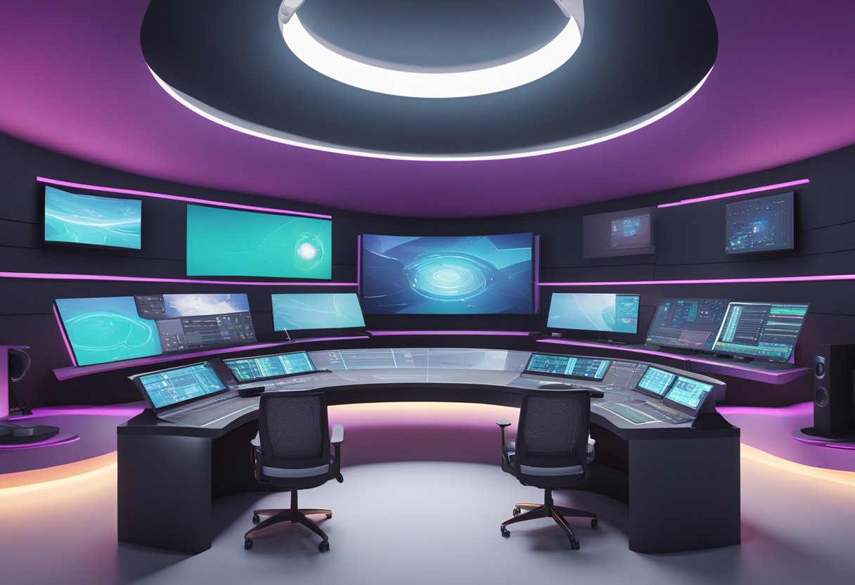 A futuristic virtual production studio in Galway, with advanced animation technologies and bespoke design elements