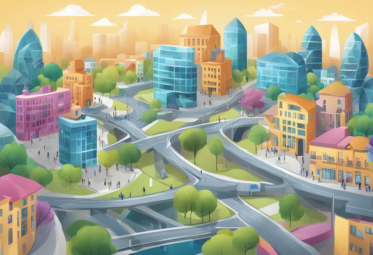 A vibrant cityscape with futuristic buildings and interconnected hubs, showcasing the collaboration between gteic and Connected Hubs in Galway