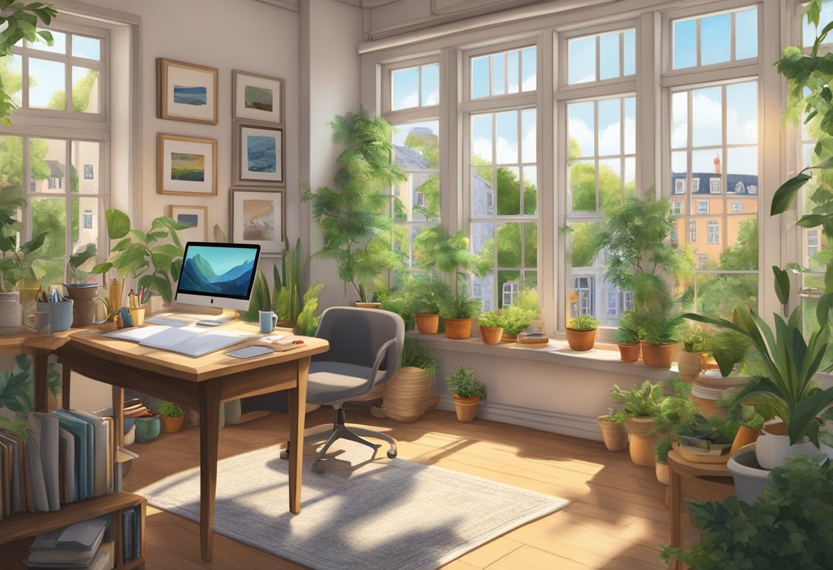 A cozy, sunlit studio filled with art supplies and a drawing tablet, surrounded by lush greenery and overlooking the charming streets of Galway