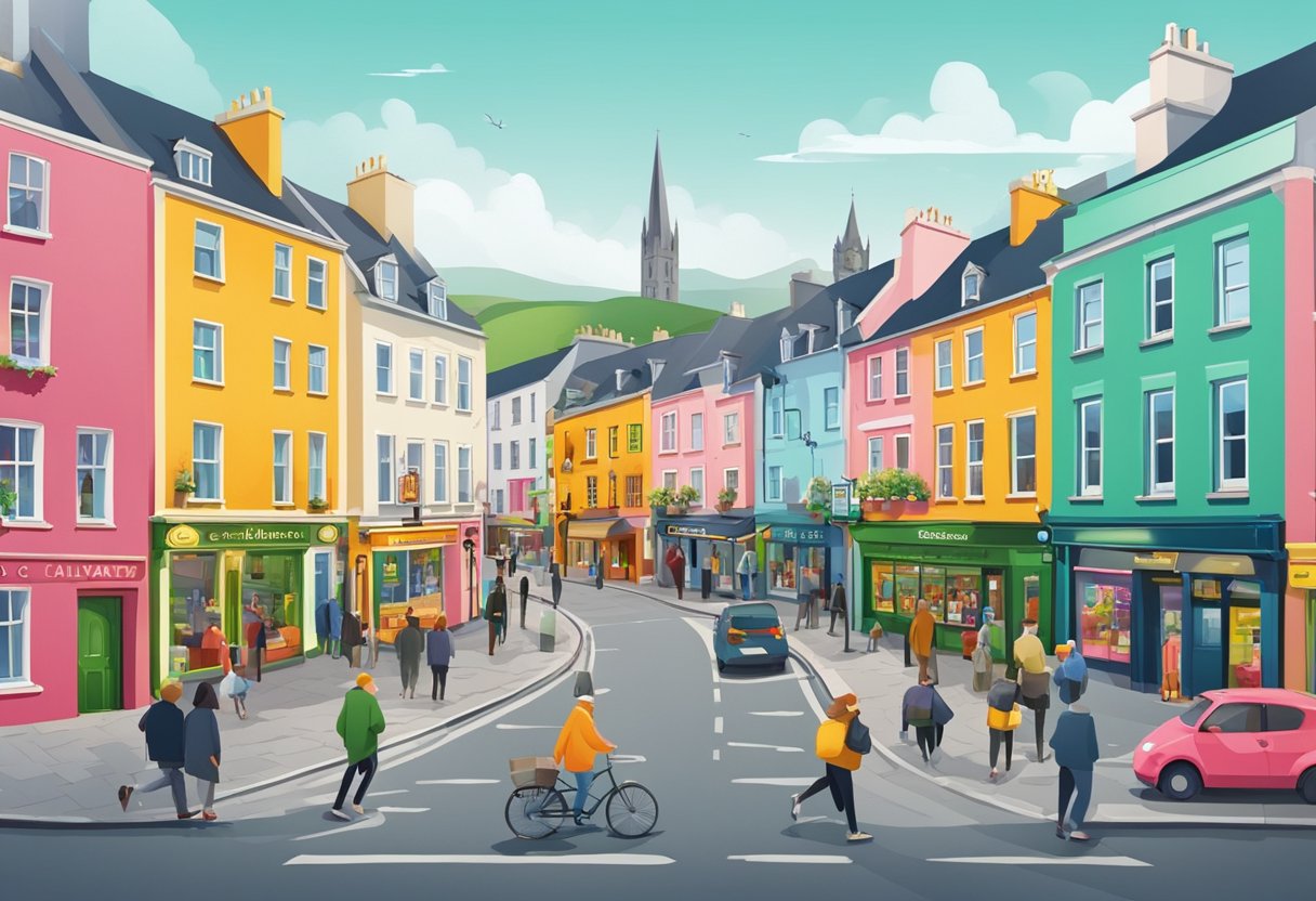 A colorful cityscape with iconic landmarks of Galway, Ireland, and animated characters interacting with the environment