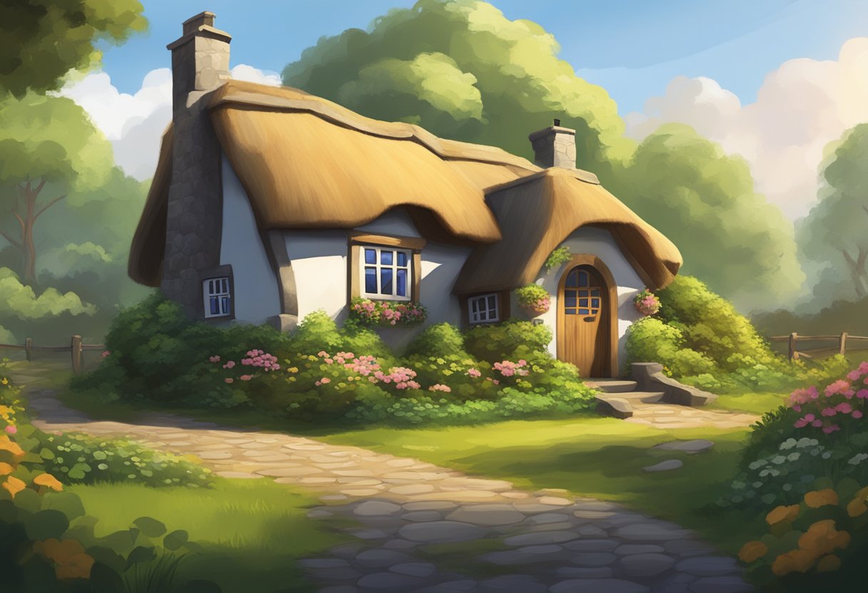 A traditional Irish cottage with a thatched roof surrounded by lush greenery, with a digital tablet and stylus resting on a wooden table inside