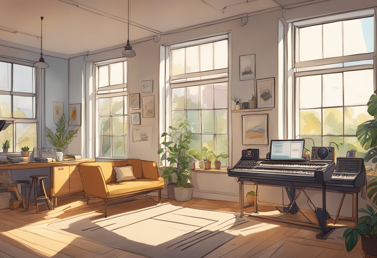 A cozy animation studio in Galway, filled with colorful sketches, storyboards, and animation equipment. Bright natural light streams in through large windows, creating a warm and inspiring atmosphere