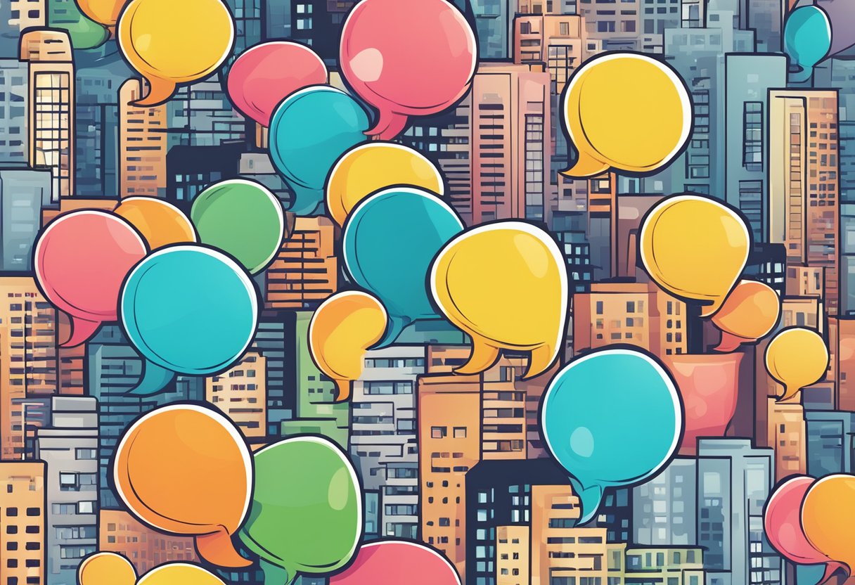 A stack of colorful speech bubbles with question marks floating above a city skyline