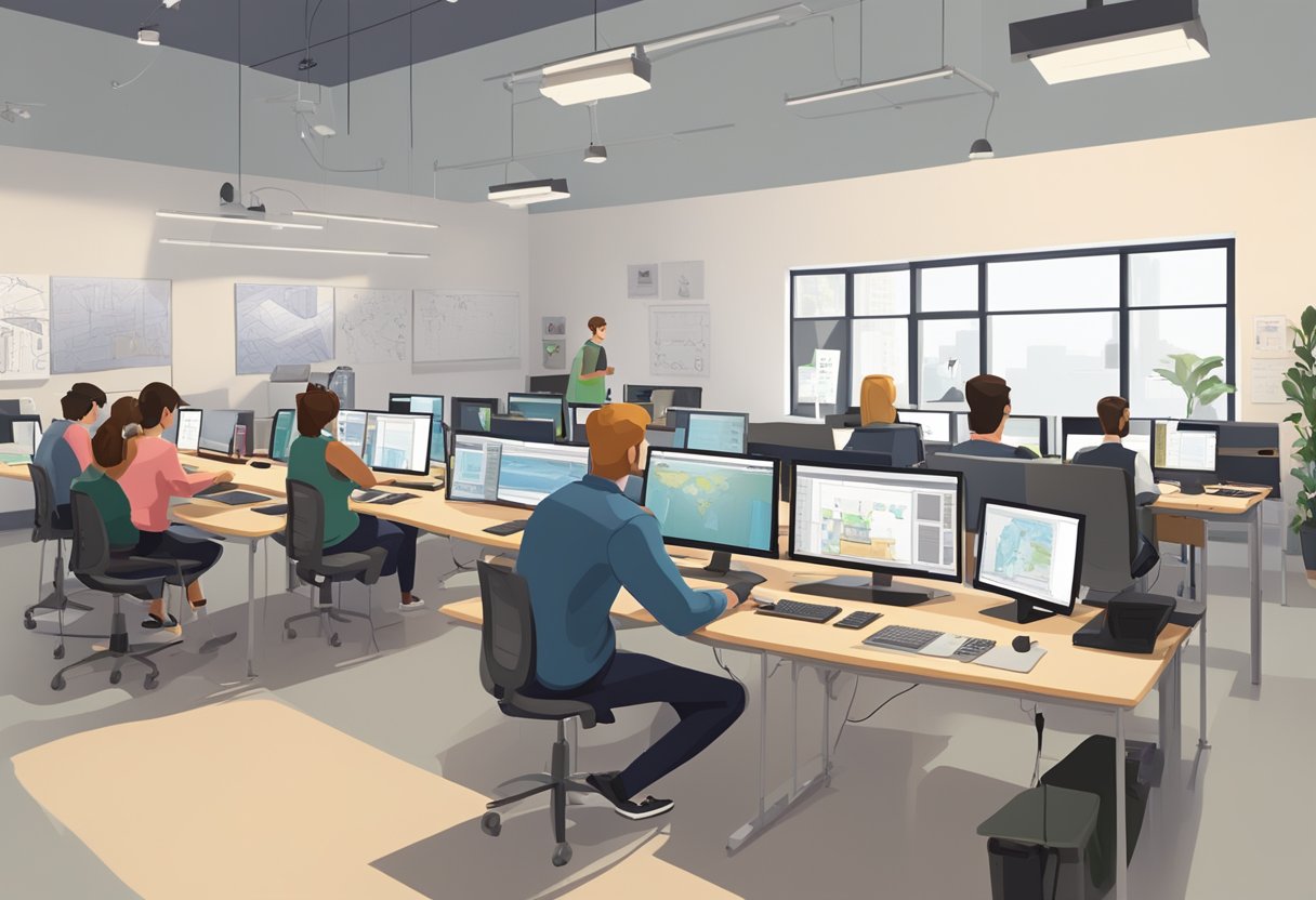An animation studio in Dublin, bustling with students and instructors engaged in education and training. Computer screens and drawing tablets fill the space