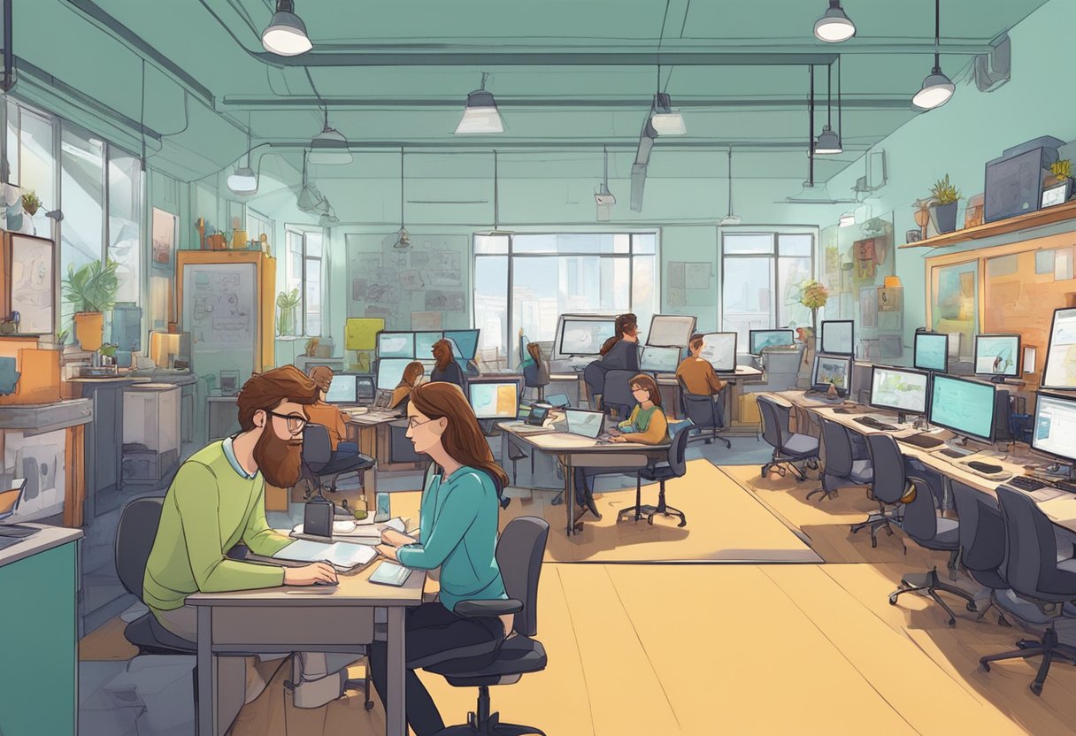 A bustling animation studio in Dublin, with artists collaborating on storyboards and colorful character designs. The space is filled with the buzz of creativity and the promise of future investment