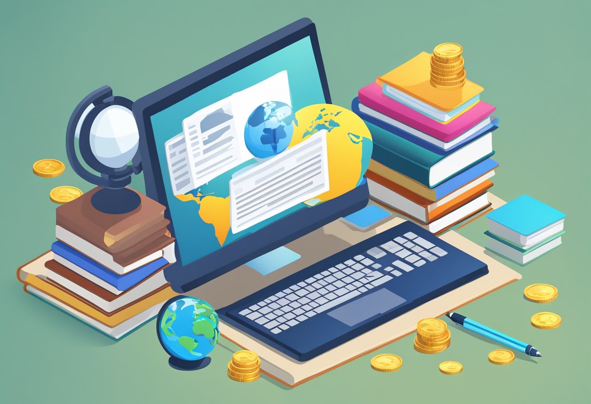A computer with a stylus pen, surrounded by books and a globe, with a stack of coins symbolizing online educational content monetization