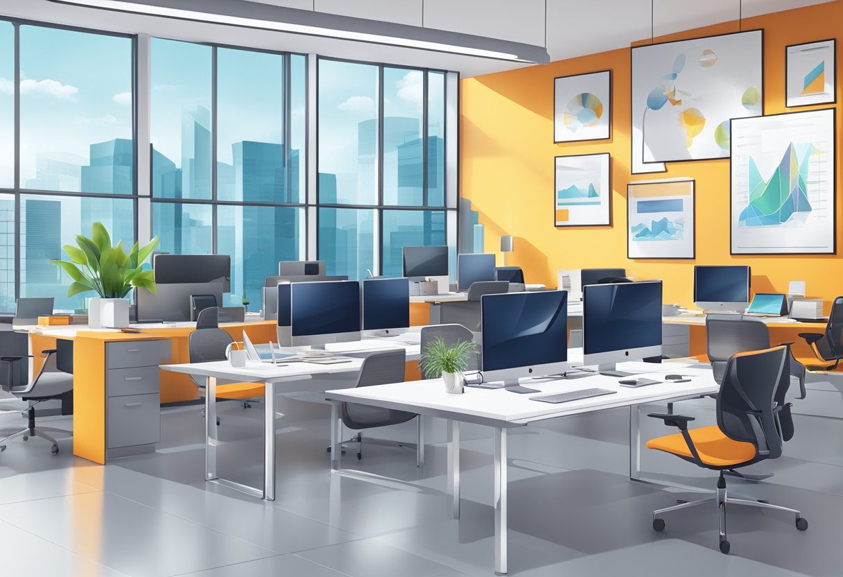 A sleek office setting with modern technology and vibrant visual elements showcasing innovation and trends in corporate animations