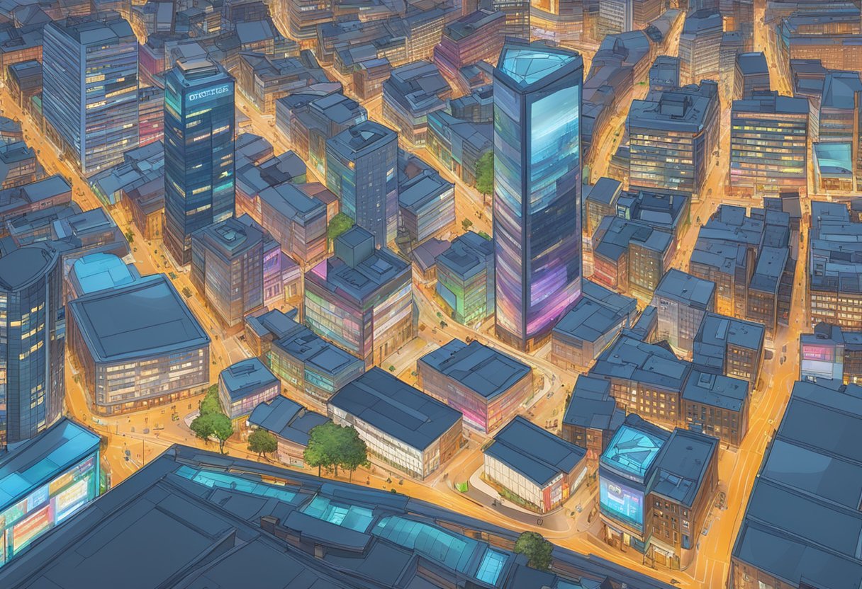 A bustling cityscape with vibrant, interactive digital displays illuminating the streets of Birmingham