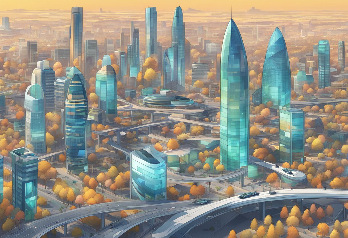 A futuristic cityscape with diverse interactive animation genres displayed on screens, reflecting user-identified themes in Birmingham